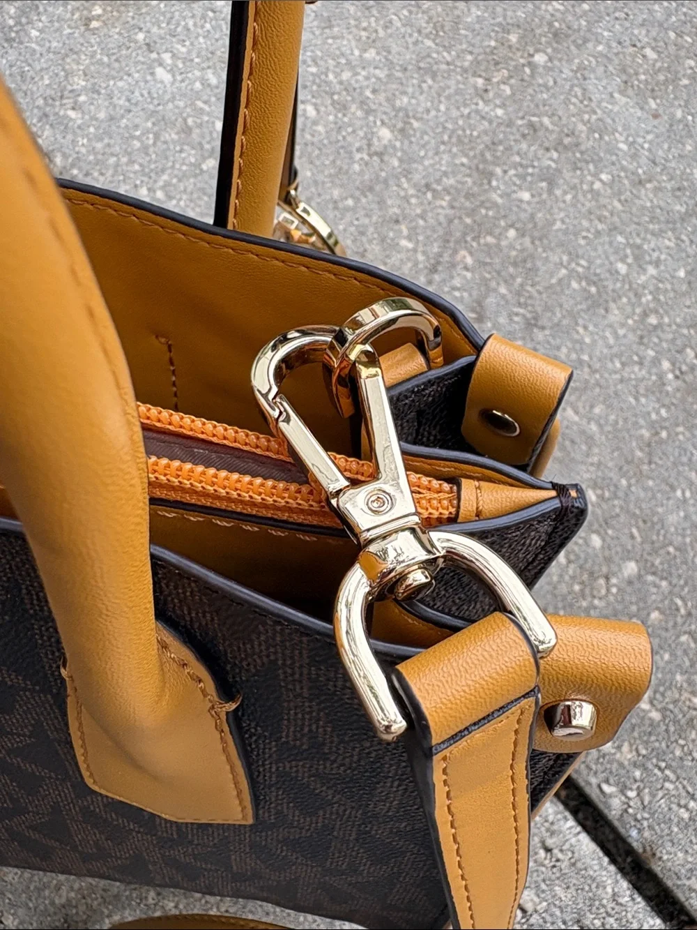 Michael Kors Brown Signature Satchel with Yellow and White Stripes